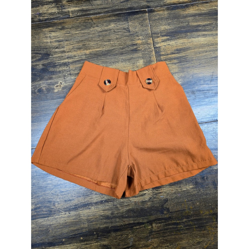 Samang Burnt Orange High Waisted‎ Pleated Shorts Decorative Buttons Elastic Back